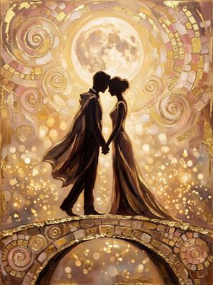 Lovers Hand in Hand on Stone Bridge Canvas Wall Art