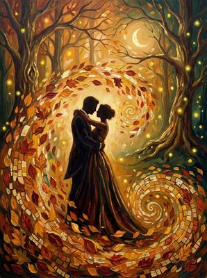 Lovers in Falling Autumn Leaves Canvas Wall Art