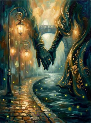 Couple on Ancient Bridge at Night Canvas Wall Art