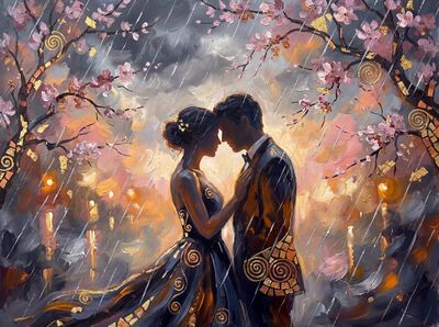 Spring Rain Cherry Blossom Couple Canvas Painting
