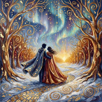 Aurora Romance in Snowy Landscape Canvas Wall Art