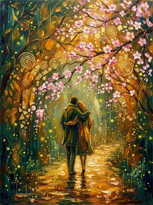 Couple Under Cherry Blossoms in Rain Canvas Wall Art
