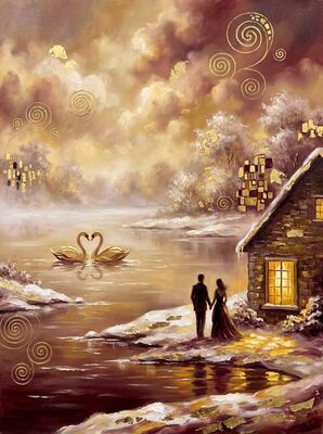 Swan Love Heart on Morning Lake Canvas Wall Art