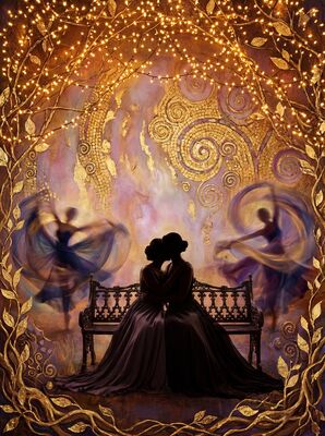 Lovers Beneath Fairy Lights in Park Canvas Painting
