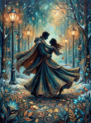 Couple Under Glowing Lampposts in Snow Canvas Painting