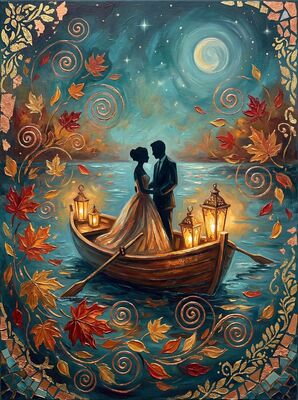 Couple in Boat on Evening Lake Canvas Painting