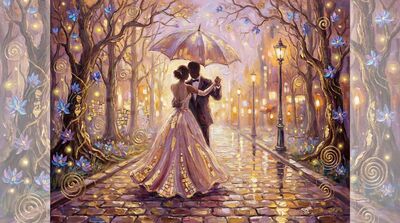 City Rain Romance Dance Canvas Painting