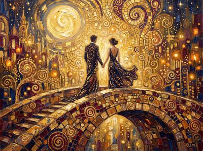 Lovers on Stone Bridge Under Moon Canvas Wall Art