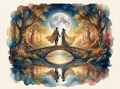 Couple Walking on Moonlit Bridge Canvas Painting