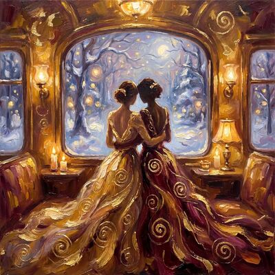 Romantic Railway Journey Couple Canvas Painting