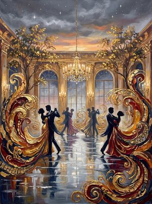 Couple Dancing in Golden Ballroom Canvas Wall Art