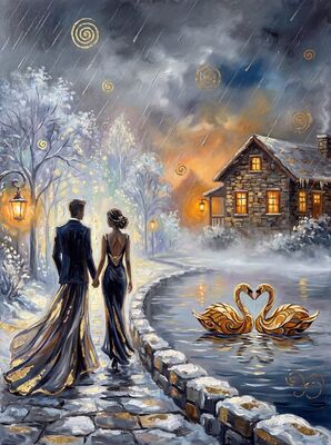 Romantic Misty Swan Heart Canvas Wall Art
