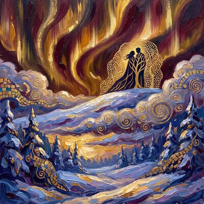Snowy Aurora Couple Silhouette Canvas Wall Art