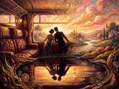 Couple on Vintage Train Journey Canvas Wall Art