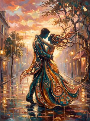 Rain-Soaked City Dance Romance Canvas Painting