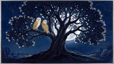 Moonlit Tree with Owls Wisdom Canvas Wall Art