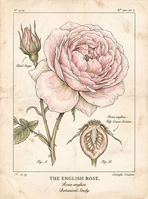Vintage Botanical English Rose Study Canvas Wall Art