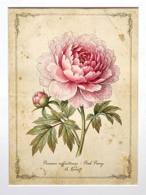 Vintage Botanical Peony in Full Bloom Canvas Painting