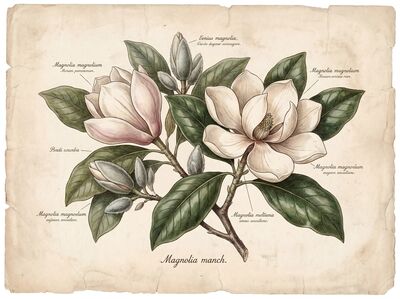 Vintage Botanical Magnolia Branch Canvas Painting