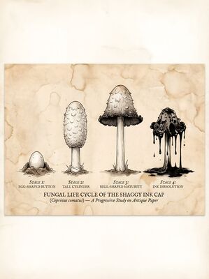 Vintage Botanical Shaggy Ink Cap Stages Canvas Wall Art