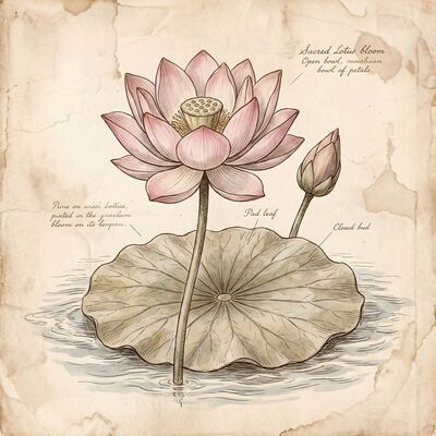 Vintage Botanical Lotus Sacred Canvas Wall Art