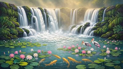 Waterfall Meets Lotus Pond Dual Canvas Painting