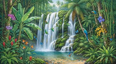 Jungle Waterfall Exotic Flora Canvas Wall Art