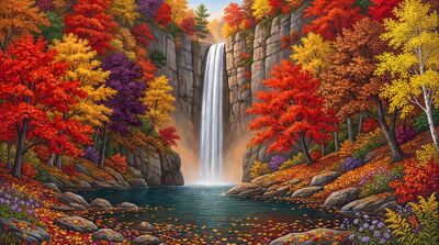 Autumn Foliage Waterfall Silver Canvas Wall Art
