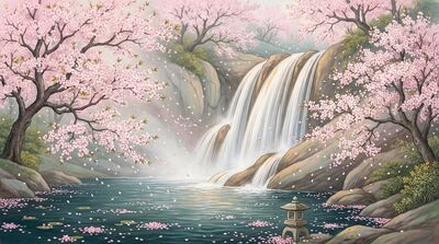Cherry Blossom Waterfall Spring Canvas Painting