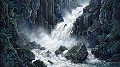 Dramatic Rocky Power Waterfall Canvas Painting