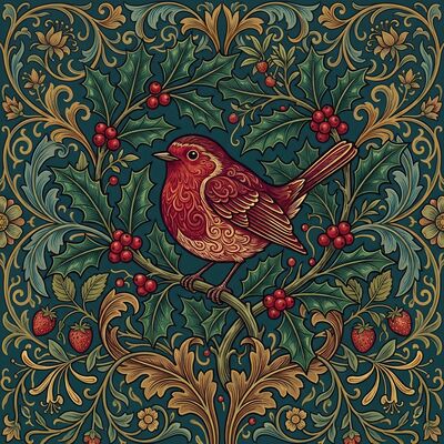 William Morris Robin and Holly Canvas Wall Art