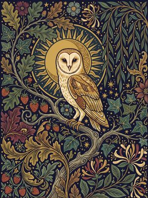 William Morris Owl in Moonlight Nature Canvas Wall Art