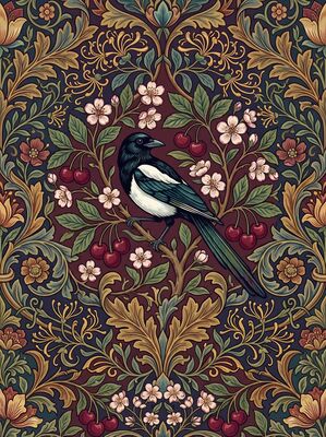 William Morris Magpie and Cherry Nature Canvas Wall Art