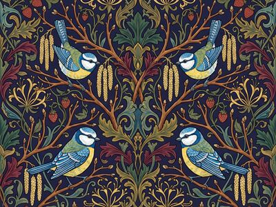 William Morris Bluetit and Catkins Nature Canvas Wall Art