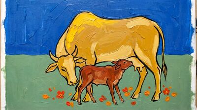 Husain Tender Mother Cow and Calf Canvas Painting