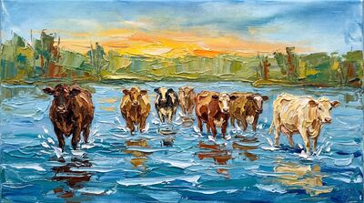 Impasto Seven Cows River Dawn Canvas Painting