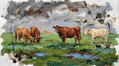 Impasto Green Monsoon Grazing Cows Canvas Painting