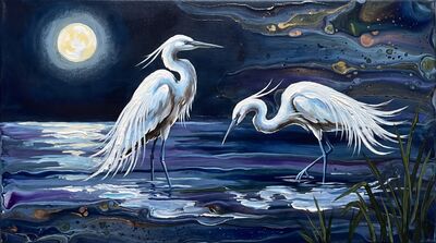 Moonlit Herons Canvas Wall Art
