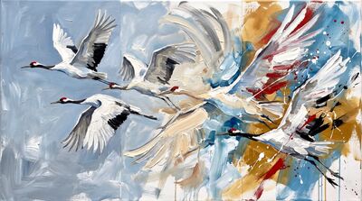 Cranes in Flight Canvas Painting