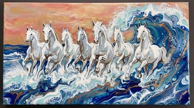 White Horses Ocean Surf Merged Canvas Painting