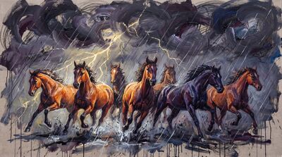 Expressionist Storm Lightning Horses Canvas Painting
