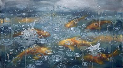 Koi Through Rain Dimpled Water Canvas Painting