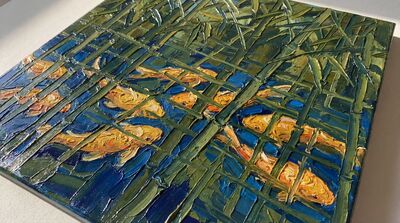 Koi Under Bamboo Reflection Water Canvas Wall Art