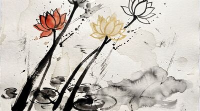 Sumi-e Ink Acrylic Modern Lotus Canvas Painting