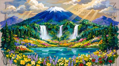 Maximalist Mountain Paradise Canvas Painting