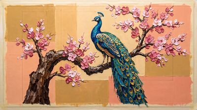 Impasto Peacock Flowering Tree Canvas Wall Art