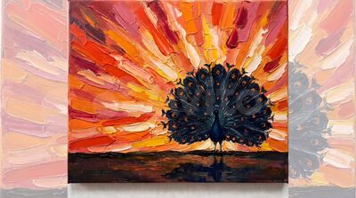 Peacock Silhouette Blazing Sunset Canvas Wall Art