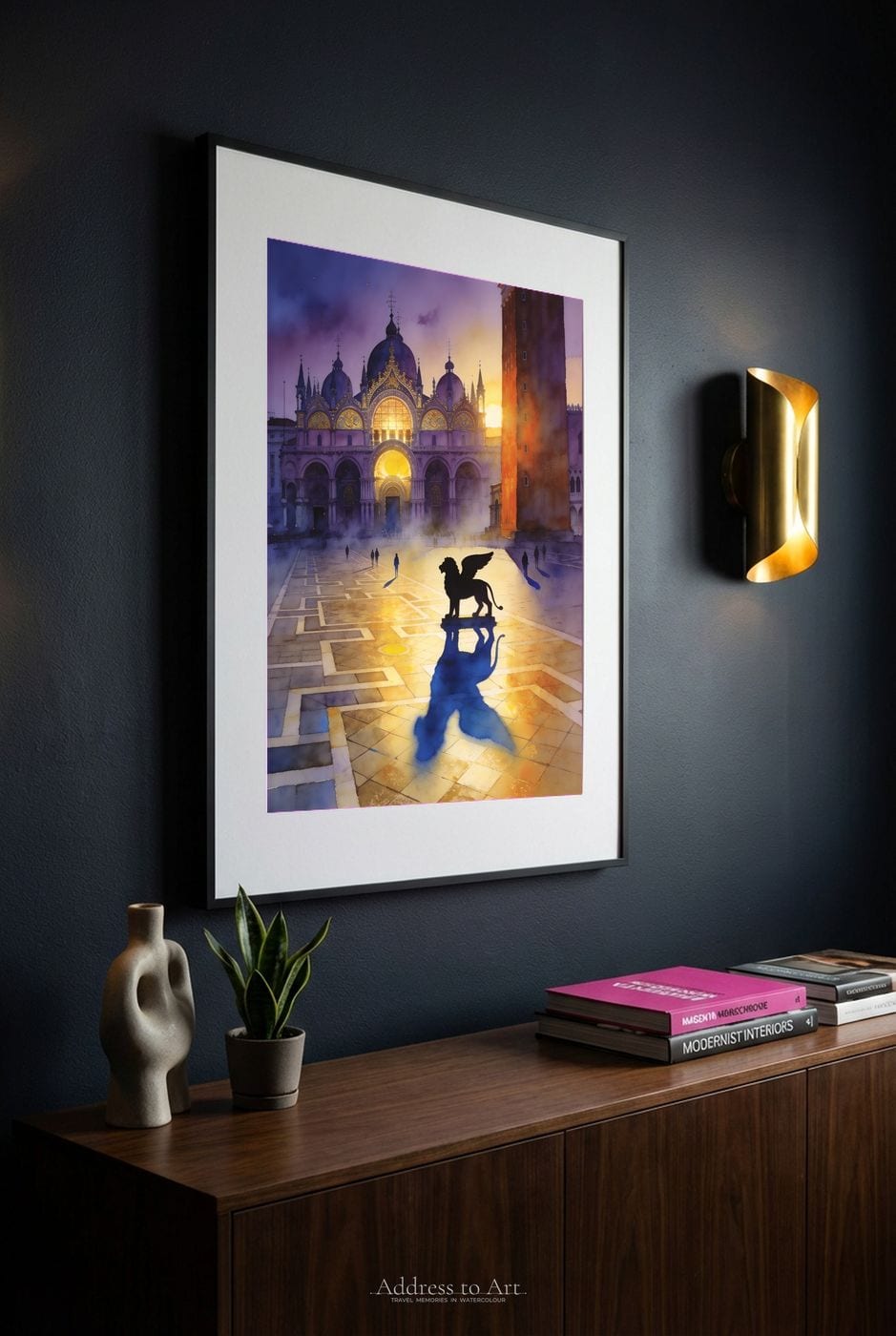 Watercolour travel print in a calm bedroom