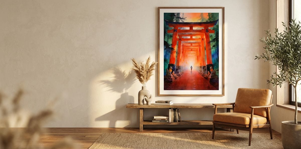 Art finishing a warm linen living-room wall at golden hour