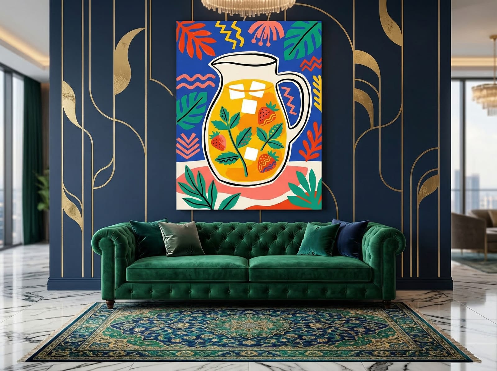 A framed piece shown at scale above a 200cm sofa